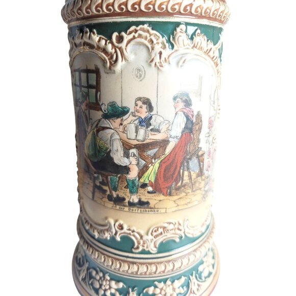 Antique Ceramic German Beer Stein Jakob Goldschmidt 1807 Hand-Painted Pewter Lid - Picture 5 of 16